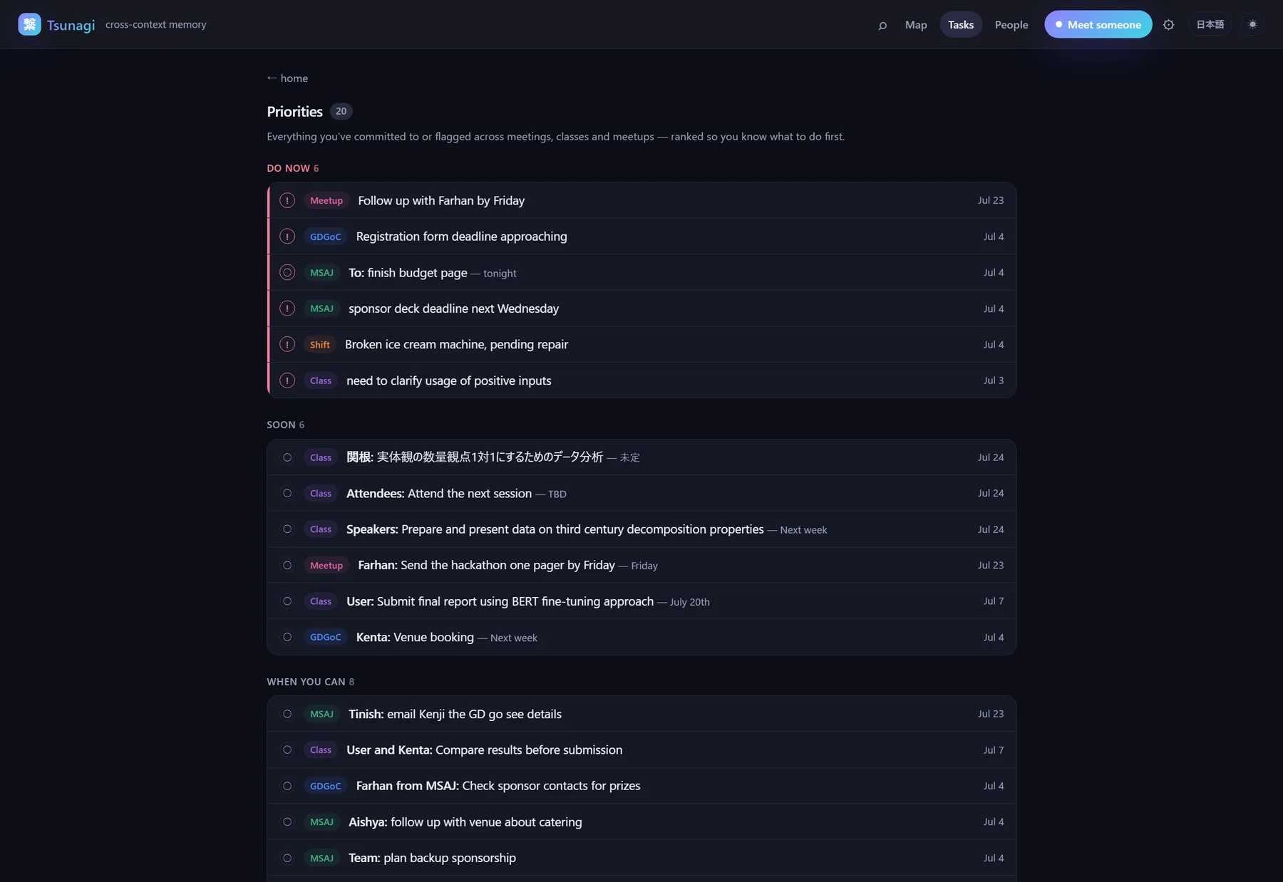 Tasks view listing open commitments